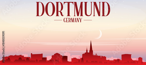 Red panoramic poster of the city skyline with misty background buildings, sunrise, moon and clouds of DORTMUND, GERMANY