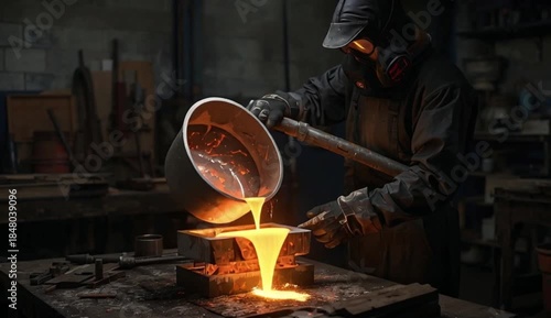 worker in a black protective suit and gloves pours molten metal from a large ladle into a mold on a dark workshop table, created with generative ai