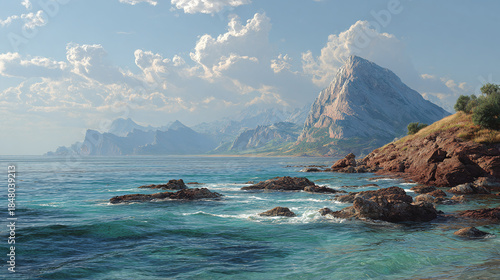 Coastal scenery with a mountainous landscape, tranquil water, and a bright sky