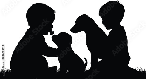 Children and dogs on grass icon set, black silhouette illustration of pet interaction and outdoor bonding concept graphic