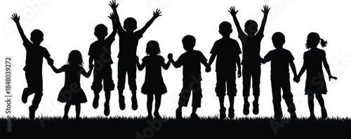 Children holding hands on grass icon set, black silhouette illustration of unity, joy, and playful bonding concept graphic