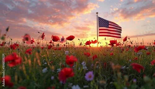 Poppies and flowers on US memorial day sunset view & flag in background, created with generative ai