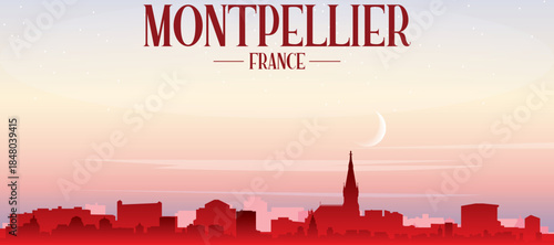 Red panoramic poster of the city skyline with misty background buildings, sunrise, moon and clouds of MONTPELLIER, FRANCE