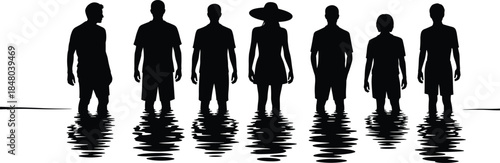Black Silhouettes of Seven People Standing in Water with Reflections Keywords: people, silhouette, group, men, women, children