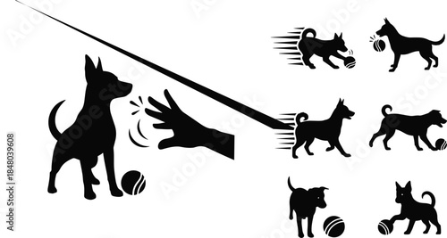 Dog fetching ball silhouette sequence, pet training and play concept illustration, hand throwing ball, active canine behavior, obedience practice, motion steps and playful interaction artwork