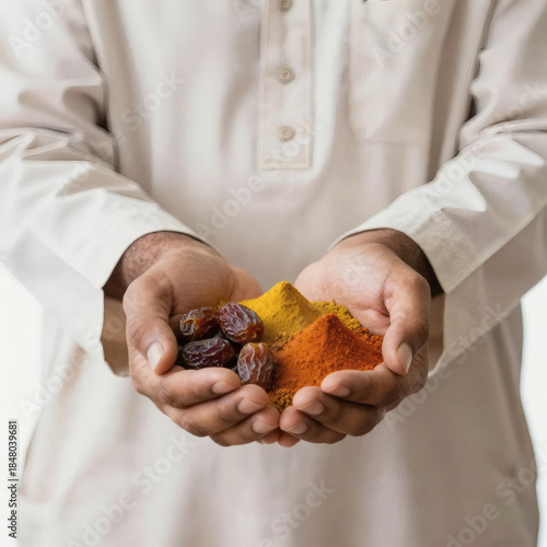 Middle Eastern man holding dates and yellow spices, isolated on white background
