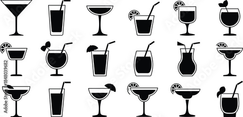 Collection of Black Silhouette Cocktail Glasses and Drinks on White Background Keywords: cocktail, drink, beverage, glass