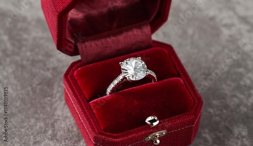 a sparkling diamond engagement ring nestled in a red velvet-lined jewelry box, created with generative ai
