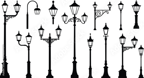 Collection of Black Silhouette Vintage Street Lamp Posts antique