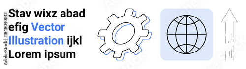 Technology, global network, technical innovation, progress, engineering, business growth. A gear, globe and upward arrow in minimal line art. Technology and global network concepts