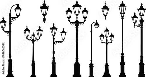 Collection of Black Silhouettes of Vintage Street Lamps on White Background lamppost antique