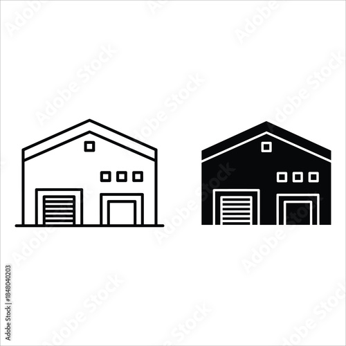 Two identical buildings with garages and windows black and white