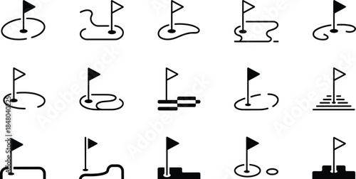 Collection of Fifteen Stylized Golf Hole Icons with Flags Keywords: golf, hole, flag, icon, symbol, sport, game, green, course