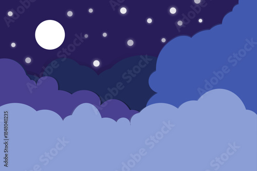 Paper Cut Style Night Sky Background. Layered Purple and Blue Clouds with Full Moon and Stars. Peaceful Nighttime Vector Illustration., Minimalist Night Sky Backdrop for Bedtime Story Peaceful Sleep.