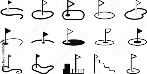 Collection of Golf Hole and Flag Icons in Black and White symbol