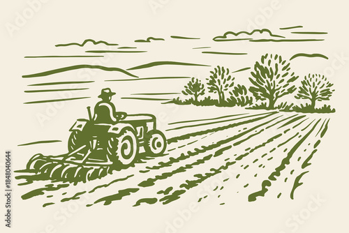 Tractor plowing farmland vintage sketch vector illustration
