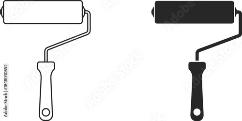 Paint roller icon in outline and solid black fill on white background Keywords: paint roller, painting, tool, equipment, DIY