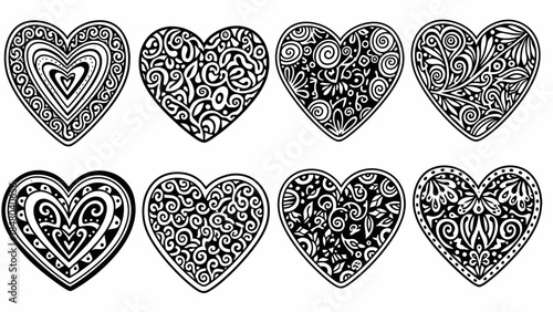 Set of intricately designed monochrome heart patterns showcasing diverse ornamental styles and
