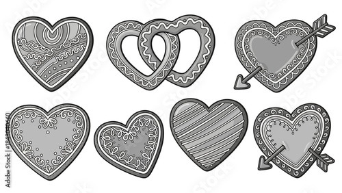 Set of intricately designed valentine hearts with detailed patterns and arrow accents for romantic