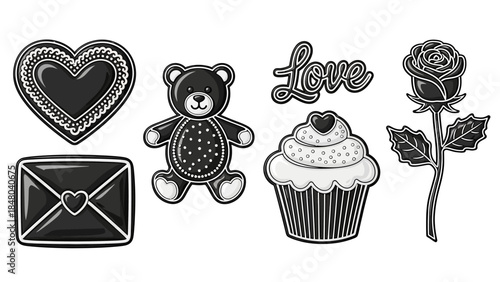 Set of monochrome love-themed icons including a heart bear and a blooming rose
