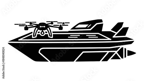 Silhouette illustration of modern drone flying over futuristic yacht in black and white