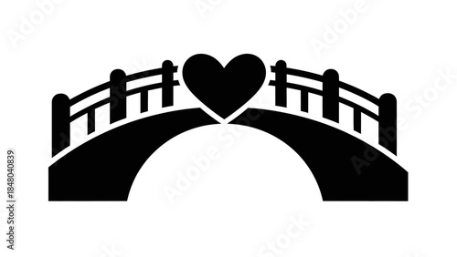 Silhouette of a decorative footbridge adorned with a romantic heart design in a monochrome style