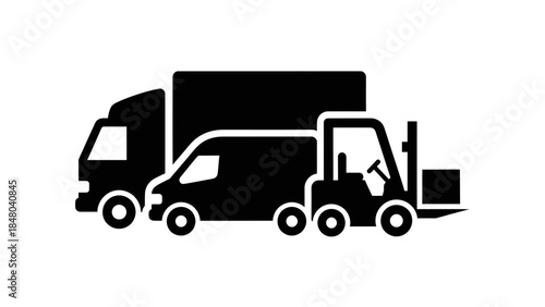 Silhouette Illustration of Various Transportation Vehicles Including Trucks Vans and Forklifts in