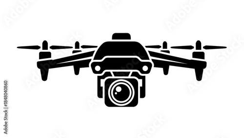 silhouette of a drone with camera facing forward in black and white minimal design