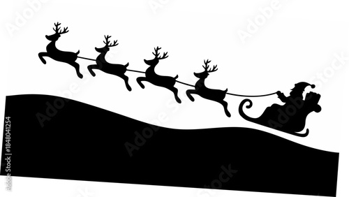 Santa Claus rides through night sky with reindeer team