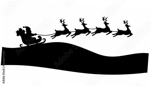 Santa Claus rides through the night sky with reindeer