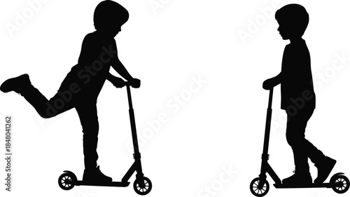Silhouettes of Two Children Riding Scooters on a White Background kids