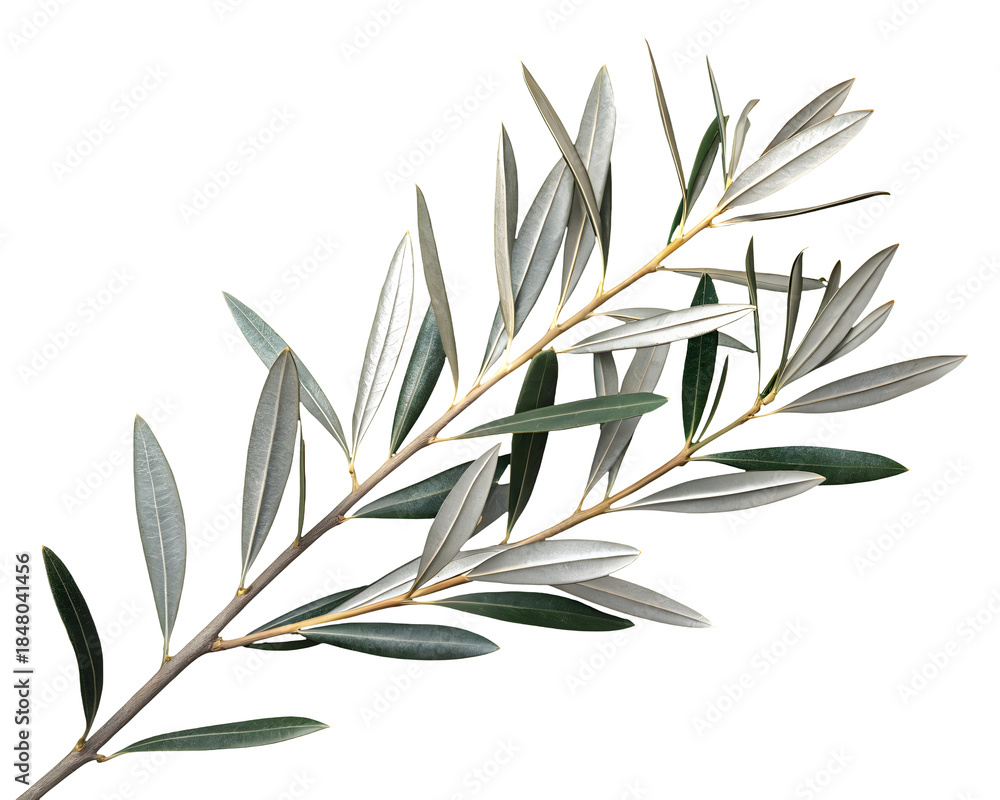 Fototapeta premium Fresh Olive Tree Branch with Green Leaves Isolated on White or Transparent Background