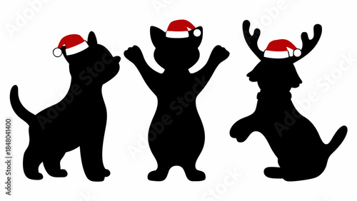 Three dancing cat and dog silhouettes wearing Santa hats