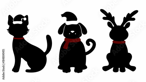 Festive holiday pets in Santa hats and scarves