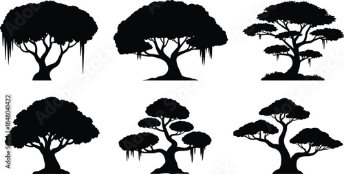 Six Black Silhouettes of Stylized Trees with Full Canopies nature plant