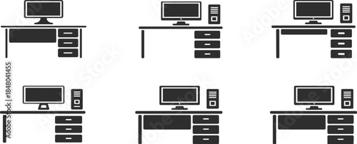 Six Variations Of A Desk With A Computer Monitor And Tower In Silhouette Keywords: desk, computer, monitor, tower, workstation