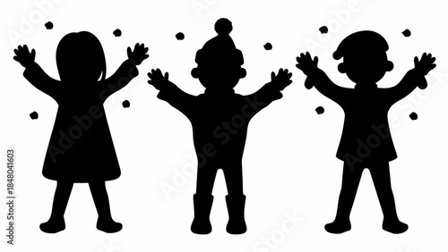 Silhouettes of children throwing snowballs in winter wonderland scene