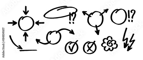 Set of black hand drawn correction and focus marks, including arrows pointing to circles, checkmarks, crosses, and question exclamation points. Vector doodles for grading, testing, exam grade marks.