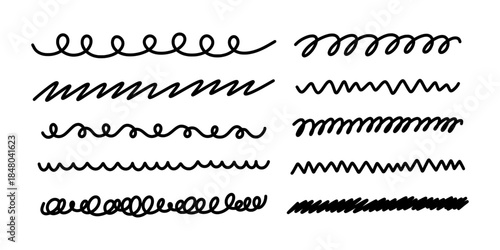 Set hand drawn vector lines with various textures: spirals, zigzags, scribbles, and wavy borders. Doodle elements perfect for decoration, dividers, frames - energetic or handwritten touch to designs.