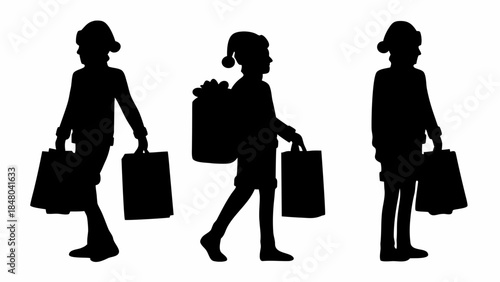 Silhouettes of children carrying shopping bags and a gift