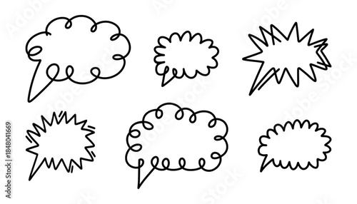 Set of outline hand drawn vector speech bubbles and thought balloons, thinking clouds in doodle style. Features spiral, fuzzy, and spiky cloud shapes. For comics, conversation, commentary and chat.