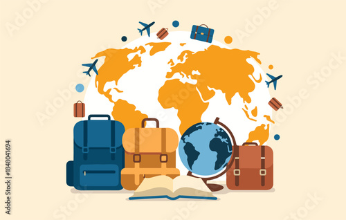 Travel and tourism concept with world map airplanes suitcases and globe for international journey planning