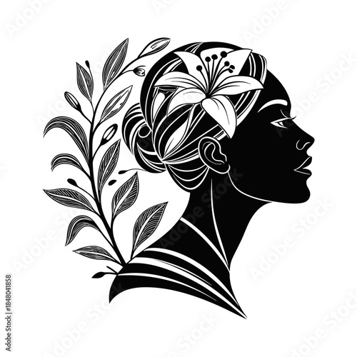 Silhouetted woman with floral hair