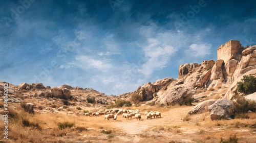 Flock of Sheep Grazing in Arid Rocky Landscape Under Dramatic Sky.