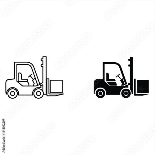 Black and white forklift with operators lifting boxes