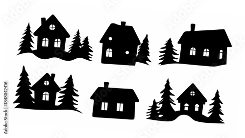 Set of six black silhouette houses with trees on white background