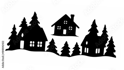 Cozy winter village silhouette with houses and pine trees