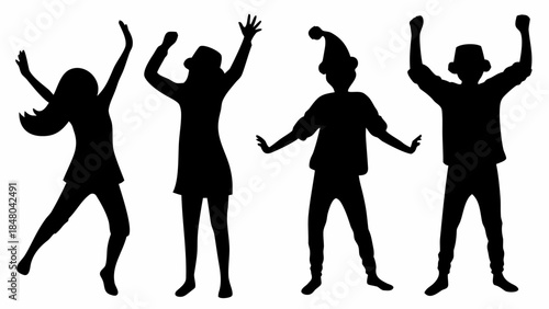 People celebrating with raised arms in joyful silhouettes