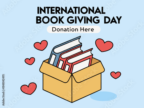 Promoting literacy and kindness with donation box filled with books and hearts for International Book Giving Day