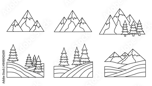 Mountain Landscapes Vector Icons: A collection of simple line art illustrations featuring majestic mountain ranges and verdant, idyllic landscapes.